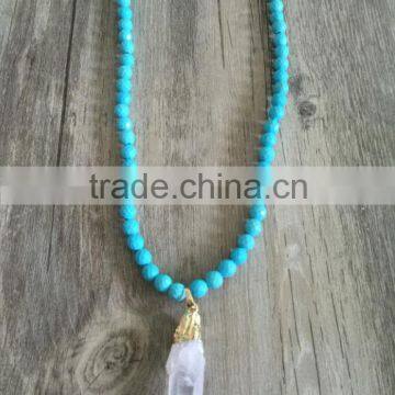 Fashion Turquoise Beads Strand Necklace Quartz Crystal Pendant Necklace