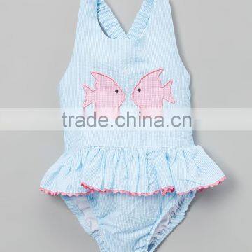 Fully lined striped baby girl fish appliqued swimsuit seersucker children baithing suit beachwear