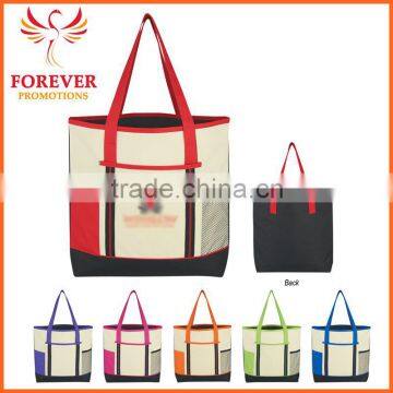 2016 New Design Promo Custom Print Logo Polyester Tote Bag With Mesh Pocket