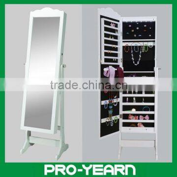 Floor standing Wooden Furniture Chinese Mirrored Jewelry Cabinet with LED Lights inside and Wavelike Door Top and Classic Design