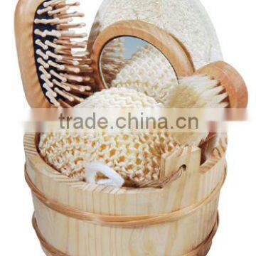 Wood Sisal Bucket Bath Shower Body Care Tool Kit + Sponge + Comb Brush + Mirror + Bath Brush