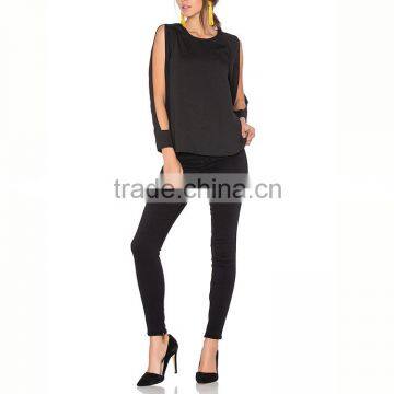 Fashion Clothing Woman Two Peices Slit Sleeve Lady Black Chiffon Blouse photo-5