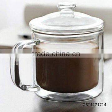 High quality clear borosilicate double wall glass cup with lid for coffee and tea