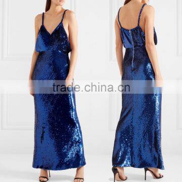 2017 Ladies Long Reversible Sequins Fabric Spaghetti Strap Dress Evening Party Mature Sexy Wear Gown HSD5969