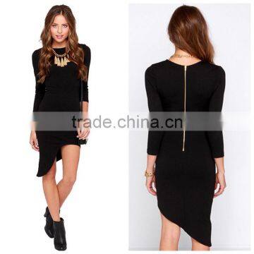 Women long sleeve round neck simple fashion black tight fitted asymmetric casual dress wholesale