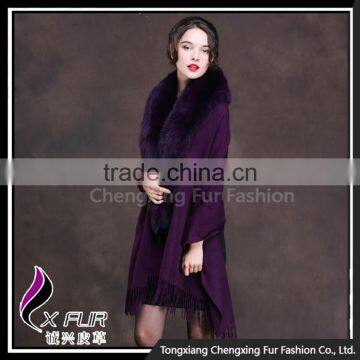 CX-B-P-18E New Style Fox Fur Trim Black Shawl photo-3