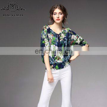 Latest fashion floral printed silk chiffon fabric plus size women shirt