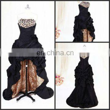 New Style Black Evening Dress A Line Taffeta Strapless Beaded Ruched Flowers Hi-Lo Leopard Print Evening Gown