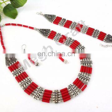 Designer Silver Plated red Pearl Beaded Necklace-Designer Pearl Beaded Traditional Oxidized Pendant- Designer silver plated set