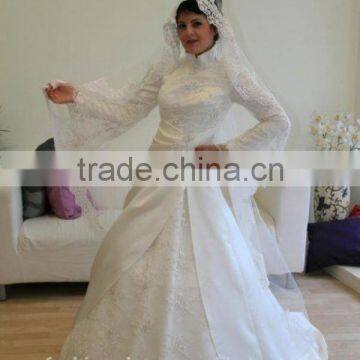 Elegant High Neck Satin With Lace Long Sleeve Muslim Wedding Dress