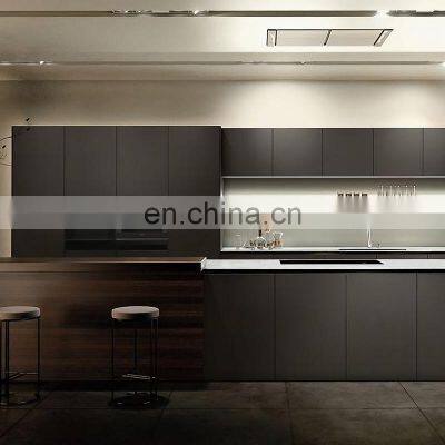 Handle Free Modern Design Black Matt Finish Lacquer Kitchen Cabinet With Marble Counter Island photo-4