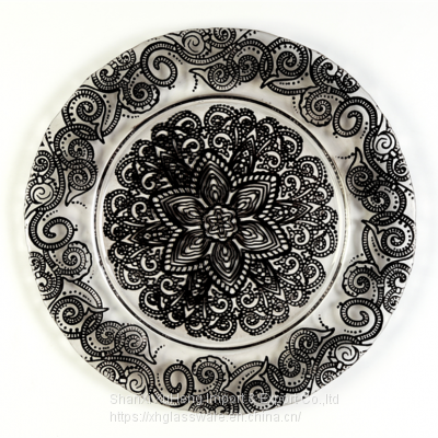 Factory Hot Selling Lace Design Decorative Colored Black And Clear Banquet Bulk Glass Wedding Charger Plates Wholesale