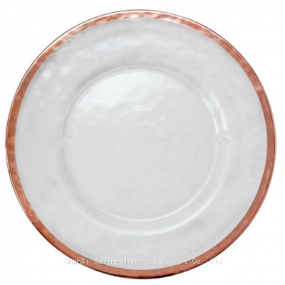 13-inch Clear Glass Round Hammered Charger Plates With Rose Gold Rimmed for Weddings Churches Restaurants and Events