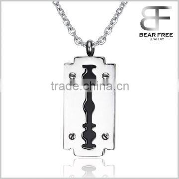 Mens Polished Stainless Steel Carbon Fiber Razor Blade Brushed Dog Tag Pendant Vintage Punk Necklace