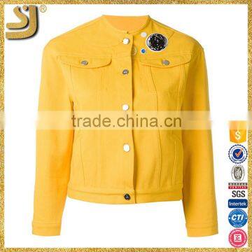 yellow collarless woman jacket