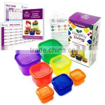 Healthy Living 7 Piece Portion Control Containers Kit with COMPLETE GUIDE, Multi-Colored Coded System, 100% Leak Proof.