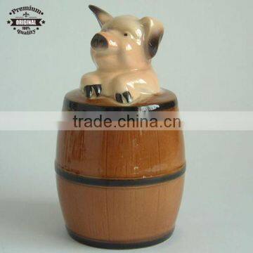 cute design pig in the wooded cask ceramic money bank