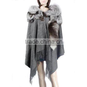 New Product real cashmere cape with whole silver fox fur cape high quality fur cape KZ150096