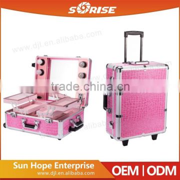 Hot Sale Aluminum Pink Crocodile Cosmetic Trolley Case For Nail Beauty