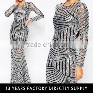 Wholesale silver sequin maxi evening dress 2016 ladies party wear gown with fishtail