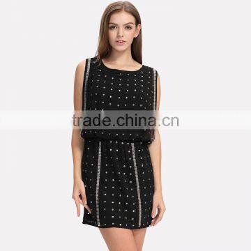 OEM Service Supply Design Sleeveless Latest Sequin Top Chiffon Short Skater Dress photo-3