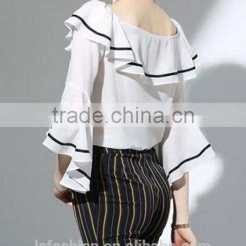 2017 Wholesale Summer Women Big Round Neck Ruffle Sleeve Fashion Chiffon Blouse photo-3