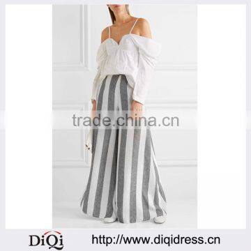 Wholesale Women Apparel Big Wide-leg Gray and White Striped Linen Pants(DQE0388P)