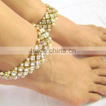 GOLD tone crystal PEARLS PAYAL Anklets pair