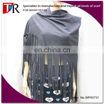 new arrival lady vintage soft leather tassel shawl black triangular suede shawl and cape