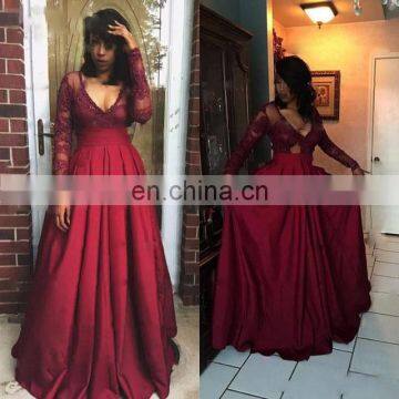 Real Samples Plus Size Red Sexy Deep V Neck Party Dress Long Sleeve A Line Floor Length Ruffles Satin Prom Dress