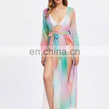 Plunging M-Slit Self Tie Chiffon Bikini Cover Up Beach Dress photo-5