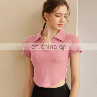 Yoga Suit New Sexy Female Summer Sports Tight Running Short Sleeve Cuff Show Thin Coat Lapels Quick-drying T-shirt photo-4