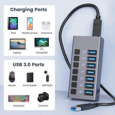 7 Ports USB 3.0 Hub with Individual On/Off Switches Splitter