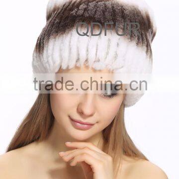 QD80243 Girls Womens Cute Beanie Cat Ear Knitted Rex Rabbit Fur Hat With Fox Fur Ball Top