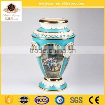 OEM design antique luxury tiffany blue 23"ceramic porcelain art vase pot with gold for wedding decorations