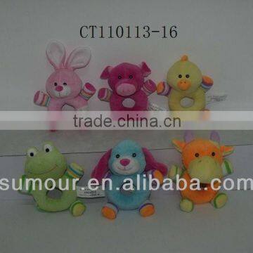 Stuffed Colourful Animal shaped Cartoon Toy Plush Hand Bells For Babies