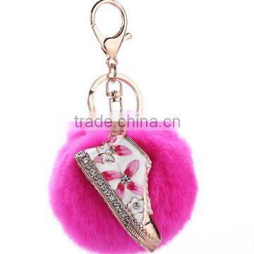 Fashion gift rhinestone shoe keychain with rabbit fur ball