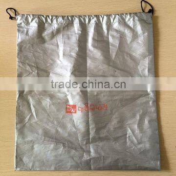 silver polyester drawstring bag for storage