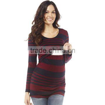 Fashion red black striped long sleeve maternity t shirt with open chest for nurse