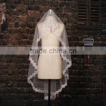 BV1009 2015 New Real Photo Simple Short Wedding Veil Lvory One Layer Lace Purfle Bride Veil photo-5