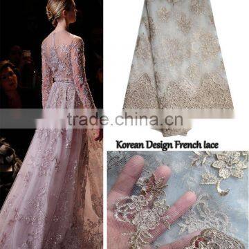 Wholesale Korean design french lace gold Embroidery Lace fabrics mesh lace fabric