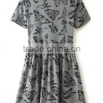 Grey Butterfly Print Round Neck Short Sleeve Dress short dress