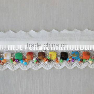 100% Cotton Water Soluble Lace Trim With Colorful Beaded Design for Sale
