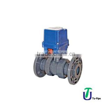 PVC UH True Ball Valve For Acid, With Electric Actuator Two Side Flange Adaptor (110-260V AC) Emergency Manual Control