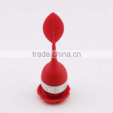 Red Color Stainless Steel Tea Infuser with Silicone Leaf Handle and Drip Tray