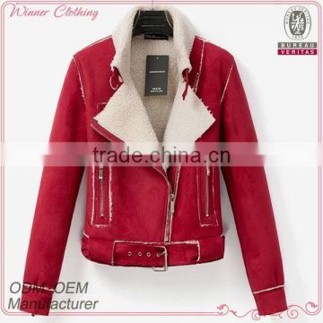 Factory supply thick shearling red women biker jacket