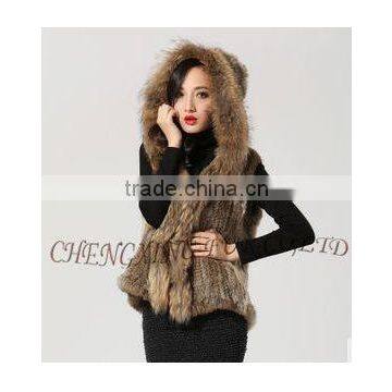 CX-G-B-216 New Style Short Raccoon Fur Trim Knitted Rabbit Fur Coat Hood photo-2