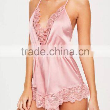 Custom Made Pink Satin Lace Detail Teddy Women Sexy V Neck Pyjama With Elasticated Waist Bodysuit Sleepwear photo-2