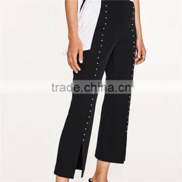 Breathable Black Pearl Studded Dress Black Pants With Slits photo-5