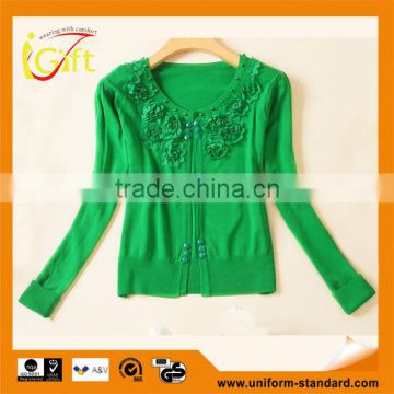 2014 hot sell wholesale high quality cotton v-neck long sleeve beaded cardigan for women